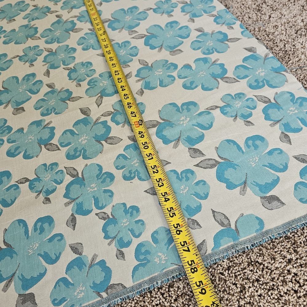 1950s 1960s Jacquard Fabric Double Sided Blue Hybiscus Floral 2 Yards x 57 Inch - Picture 9 of 9